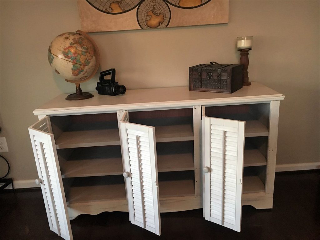 Dresser refinished into shutter buffet with doors open