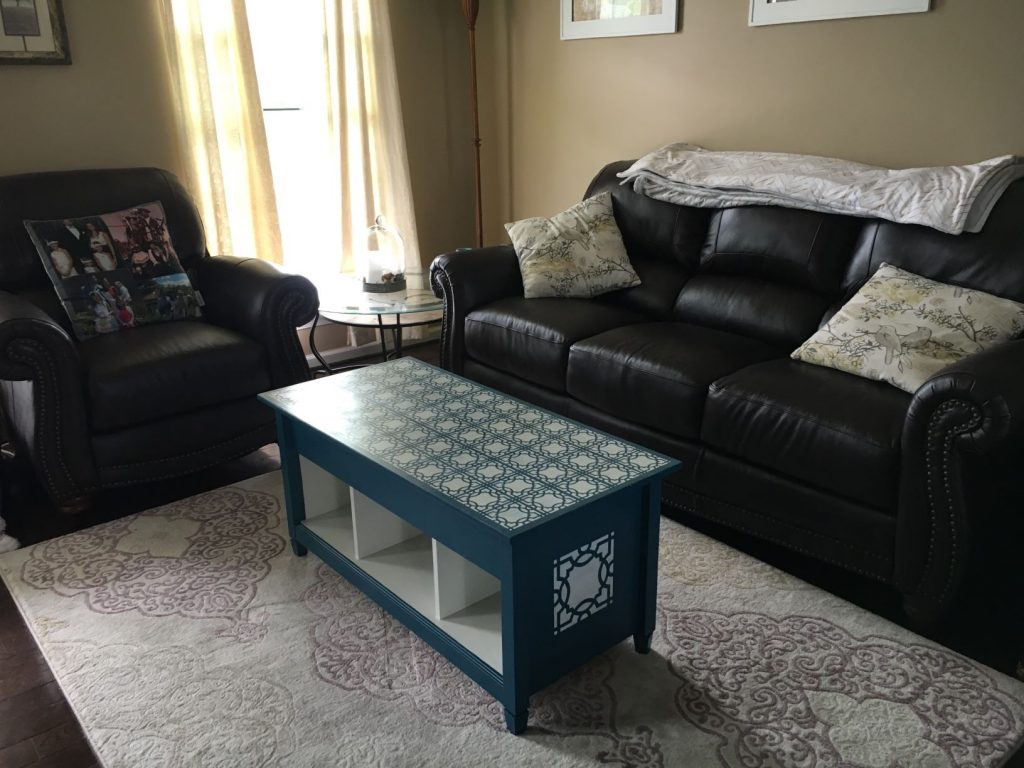 Stencil Coffee Table Refinish in living room