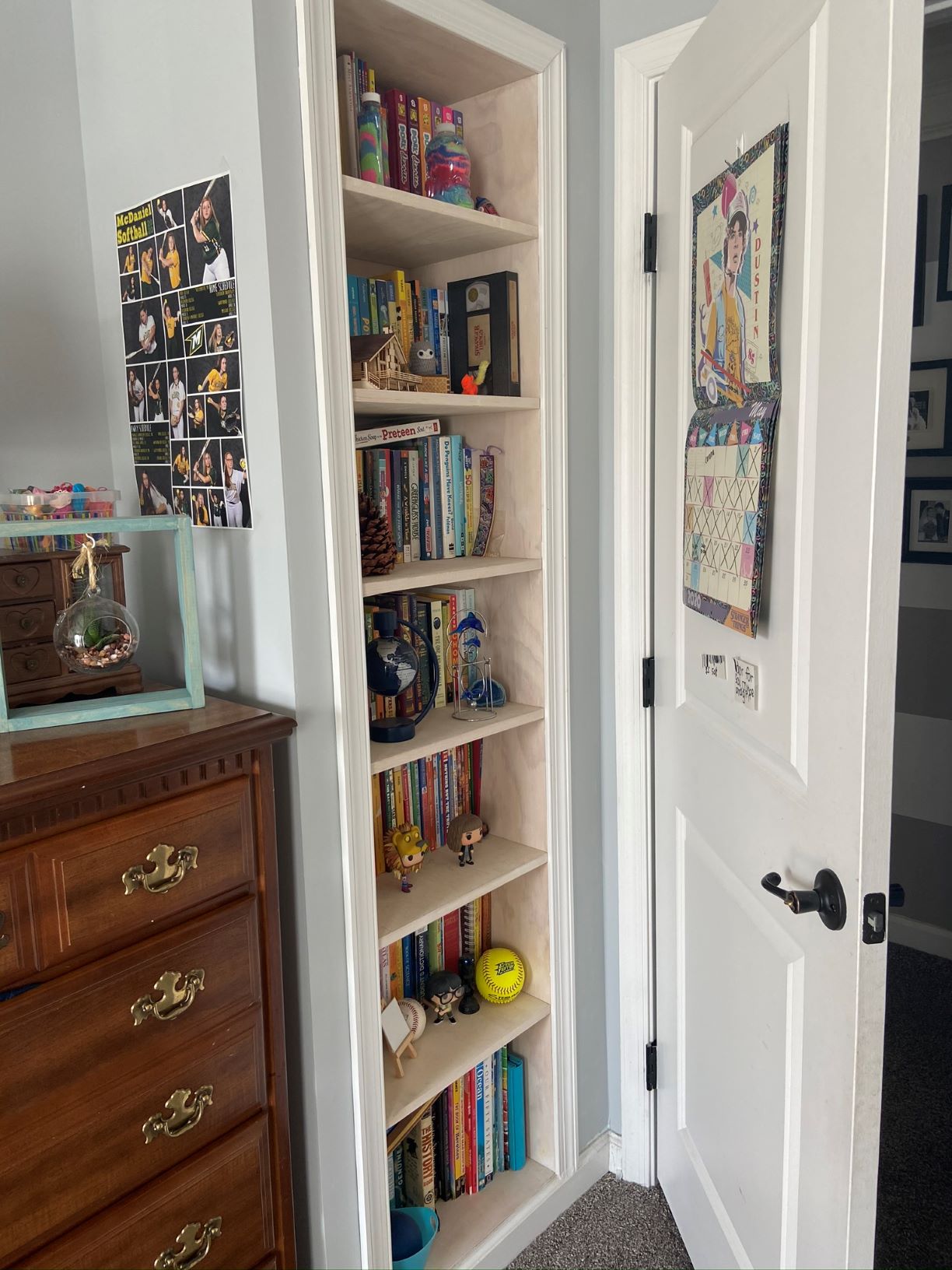 Inset Bookcase Teen Bedroom Design with Simple Painted Focal Wall and Succulents
